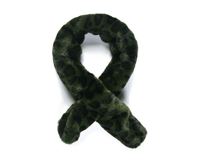 Dark Green Leopard Faux Fur Scarf